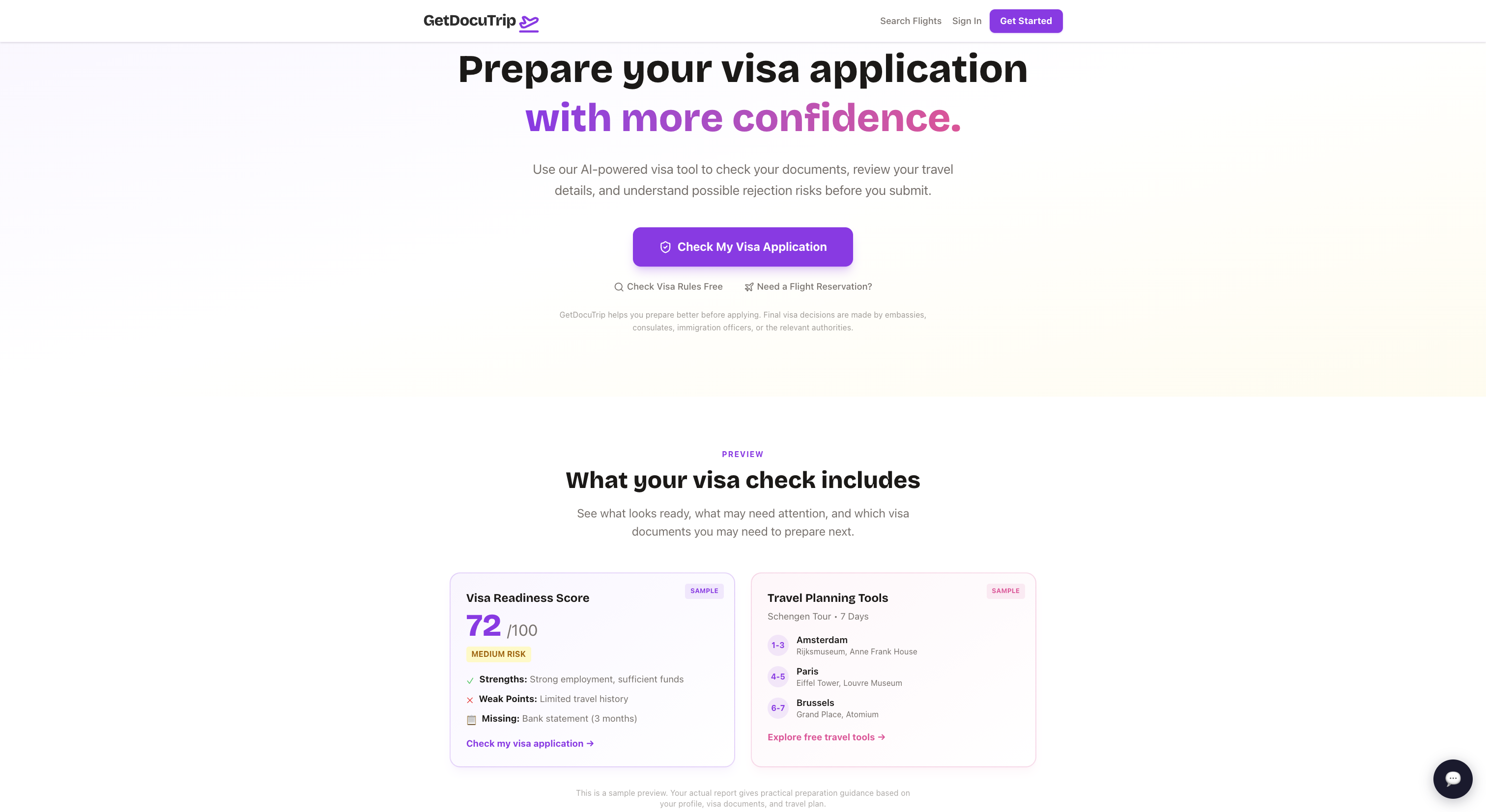 GetDocuTrip homepage showing travel document management platform
