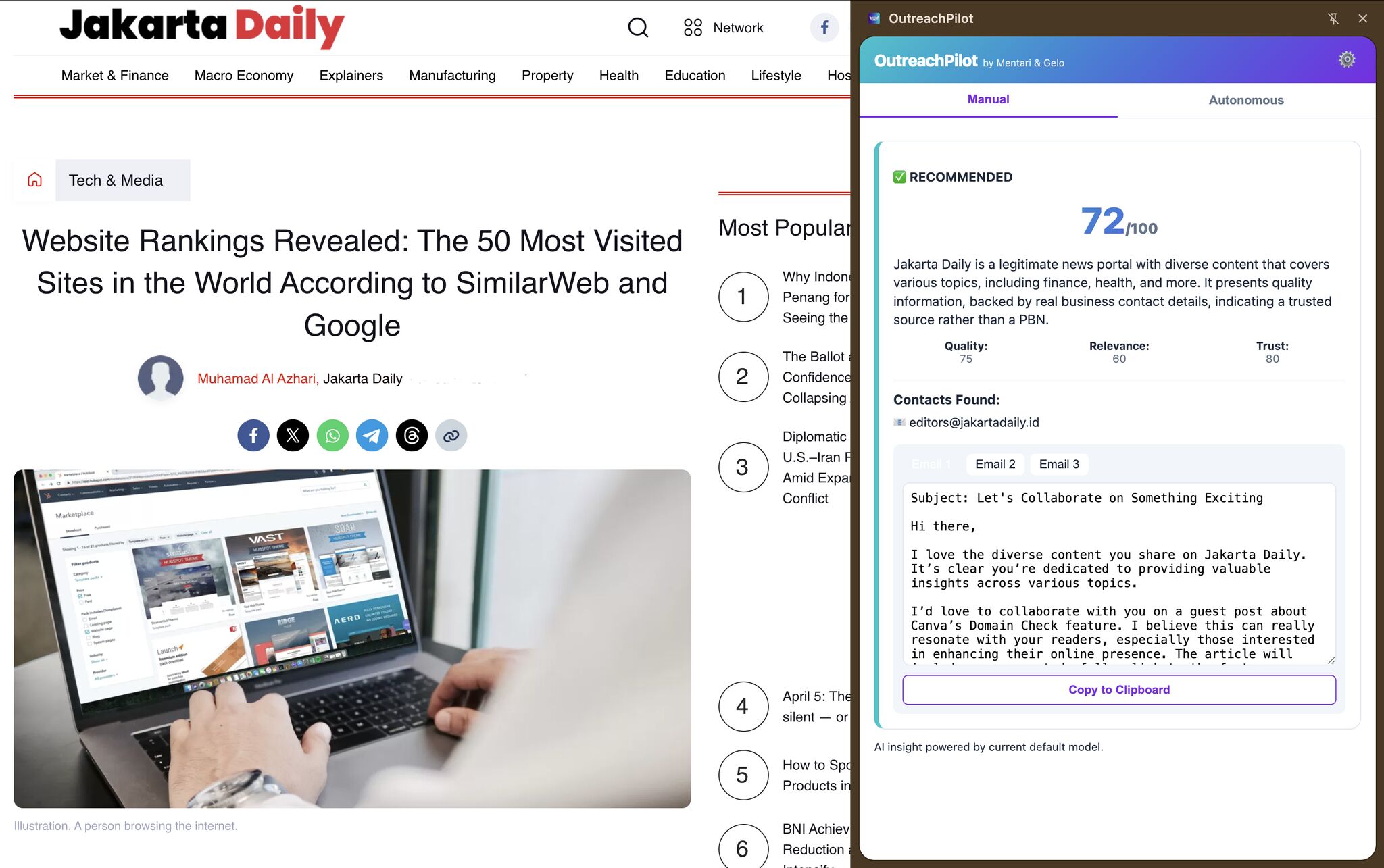 OutreachPilot browser extension for SEO outreach automation